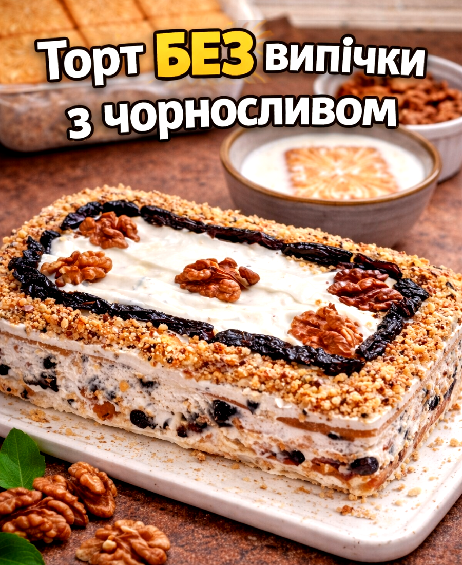 Торт БЕЗ випічки з чорносливом, печивом і волоськими горіхами - швидко та смачно