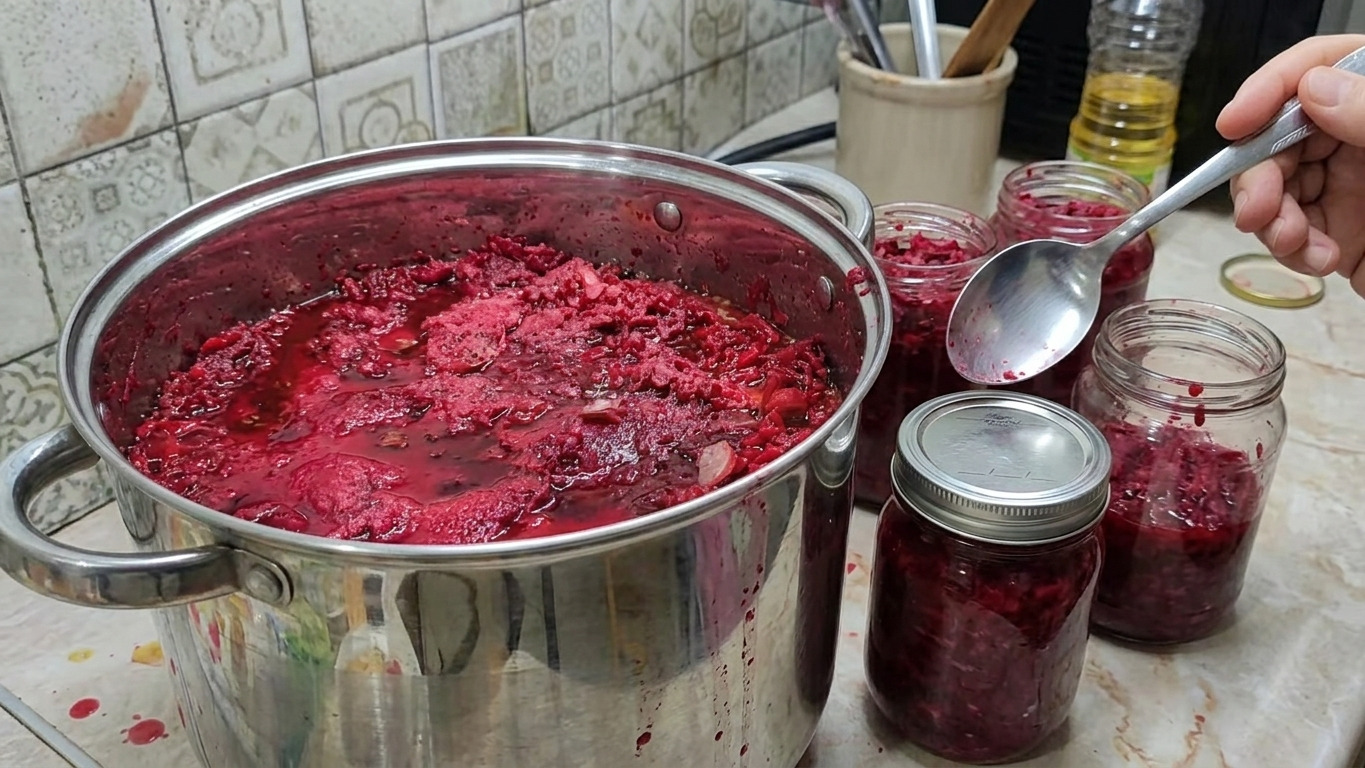 банки з готовою борщовою заправкою на столі, одна з них вже закрита кришкою, видно етап консервації
