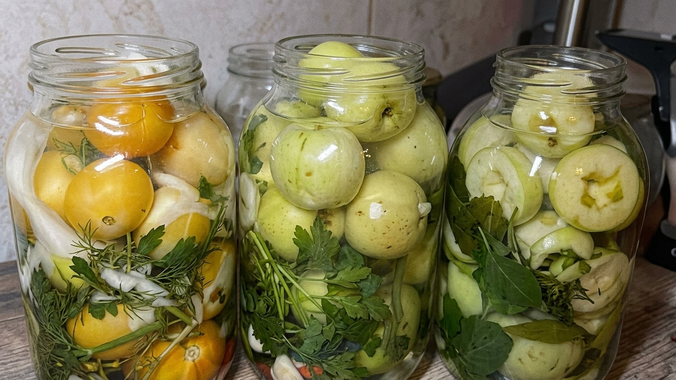 готові банки з маринованими помідорами на полиці, оформлені етикетками