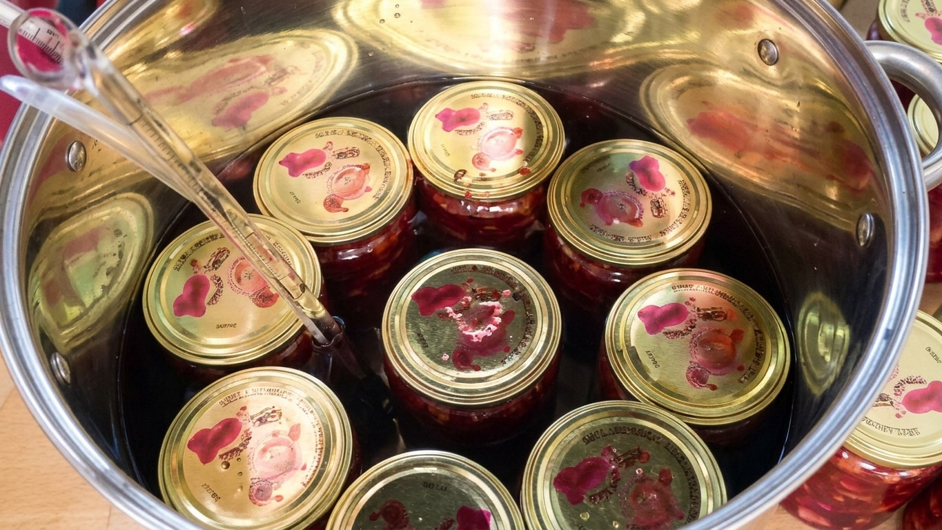 закриті банки з борщовою заправкою перевернуті та вкутані для охолодження
